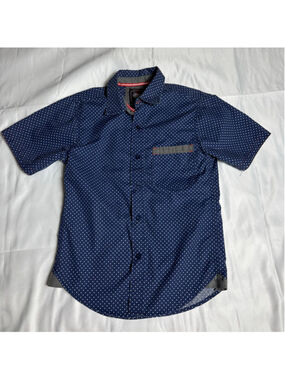 Boys Retro Stitch Button Down Shirt Size 8 Blue White Polka Dot